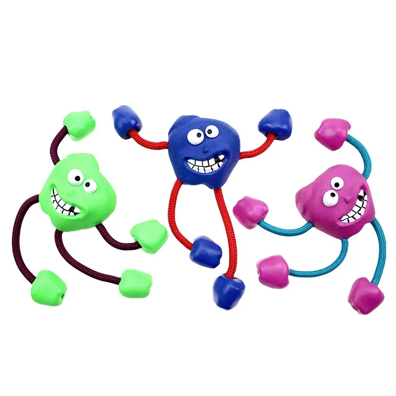 Monster-shaped rubber rope dog toys in blue, green and magenta