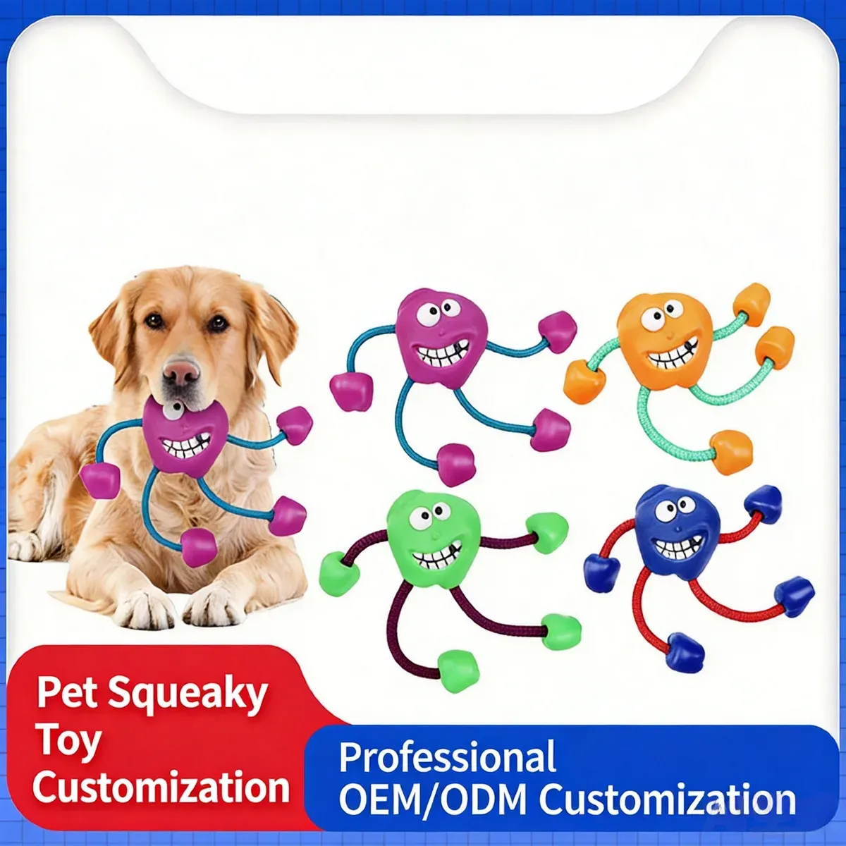 Golden retriever with monster-shaped rubber rope dog toys in several colours