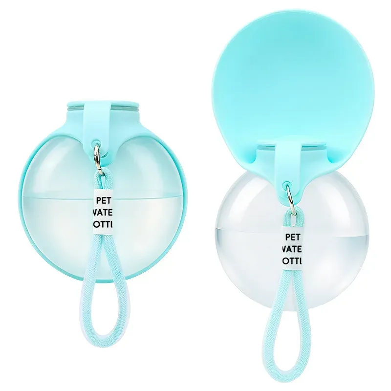 Mint round pet water bottle shown closed and with its round lid flipped open