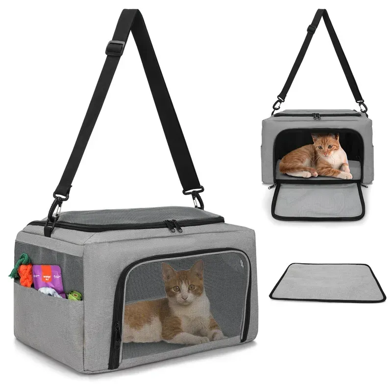 Grey pet carrier with a cat inside, shown with a grey mat