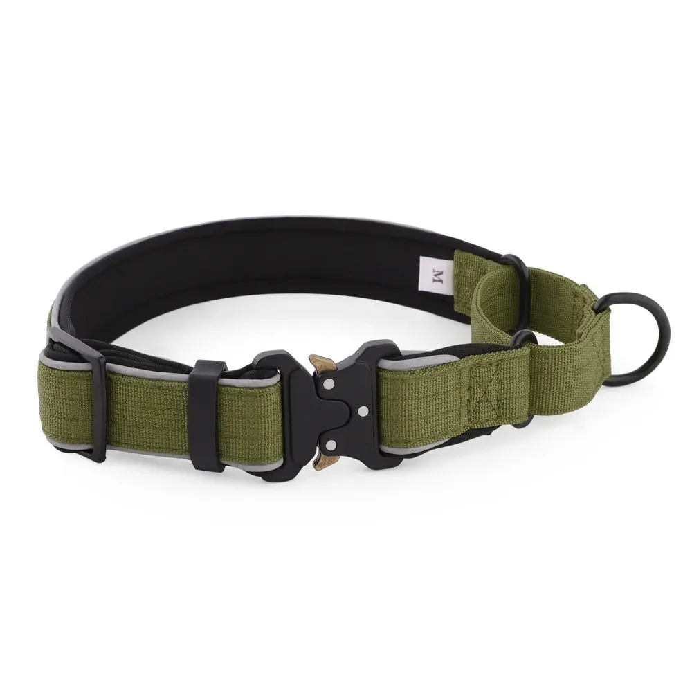 Olive green tactical dog collar with black padded lining and metal D-ring