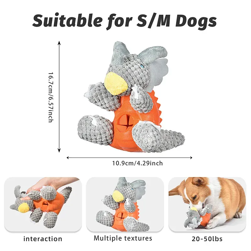 Grey knitted triceratops plush dog toy in orange and grey, with size and use diagrams