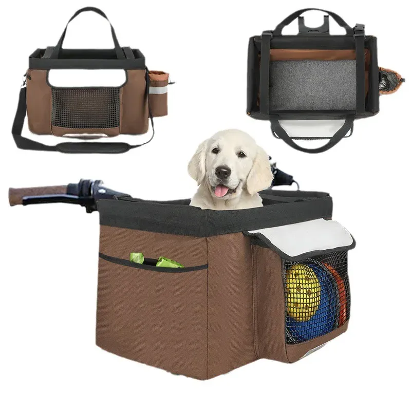 Brown pet bicycle basket fitted to a bicycle with a dog sitting inside