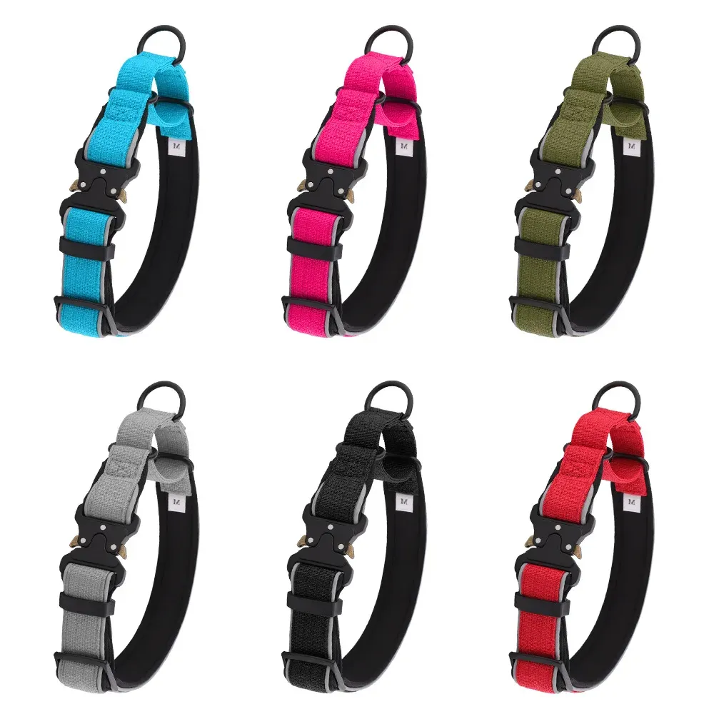 Tactical dog collars in turquoise, pink, olive green, grey, black and red arranged in two rows