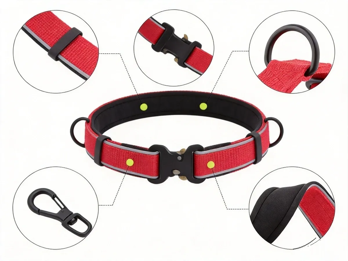 Red tactical dog collar feature details with metal D-ring and clasp