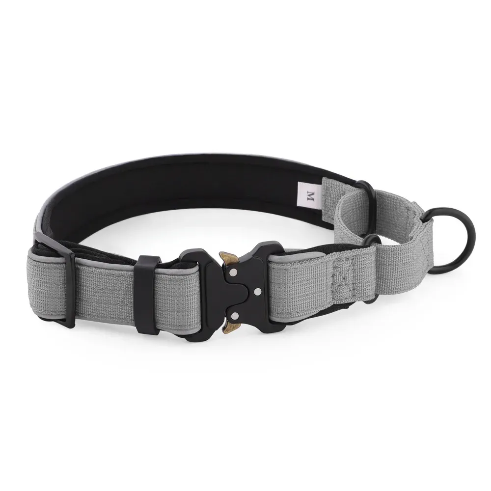 Grey tactical dog collar with black padded lining and metal D-ring
