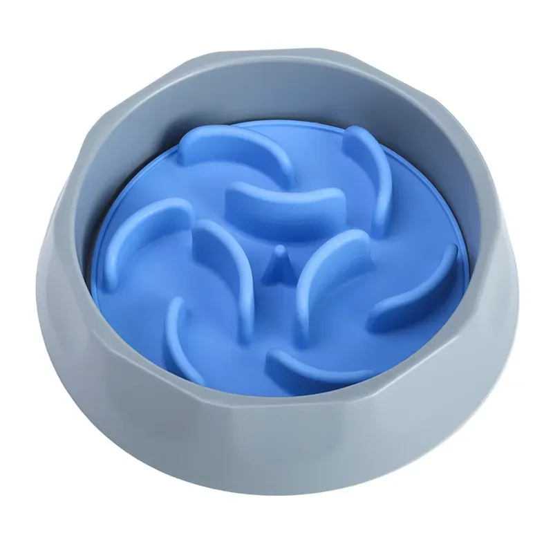 Blue silicone slow feeder dog bowl with raised ridges