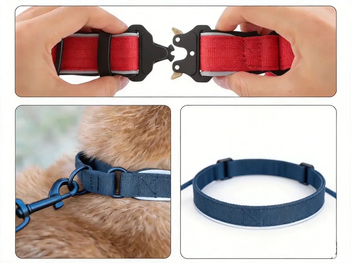 Tactical collar metal quick-release buckle detail and adjustable strap