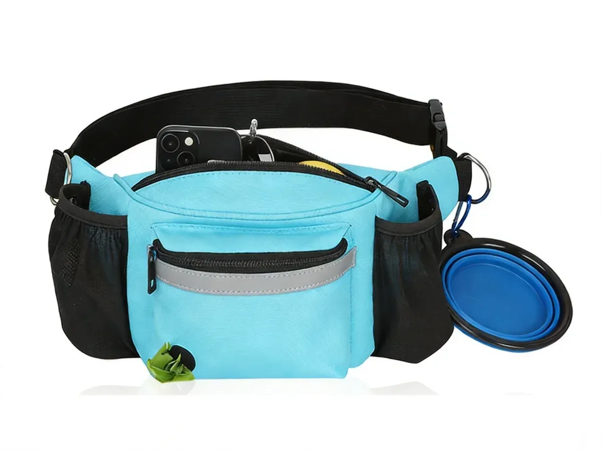Hands-free dog walking waist bag with treat pockets and foldable bowl