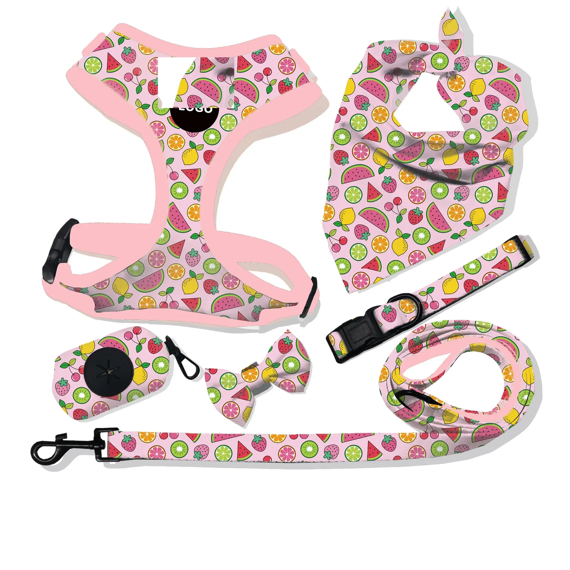 Pink fruit-print dog harness set with matching bib, bow tie, leash and poop bag holder