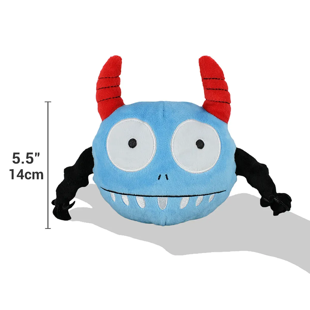 Blue monster-shaped plush dog ball with red horns, 14cm tall