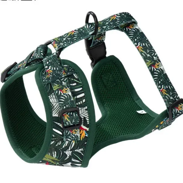 Green tropical-print dog harness showing its padded mesh lining and neck strap