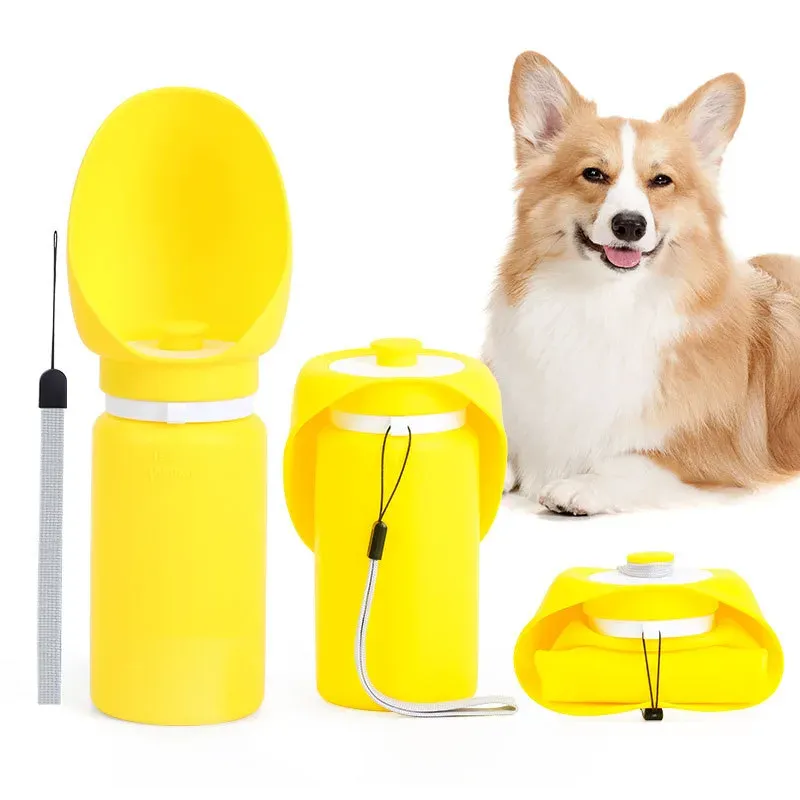 Yellow foldable silicone dog water bottle, 550ml, with leaf drinking bowl and wrist strap