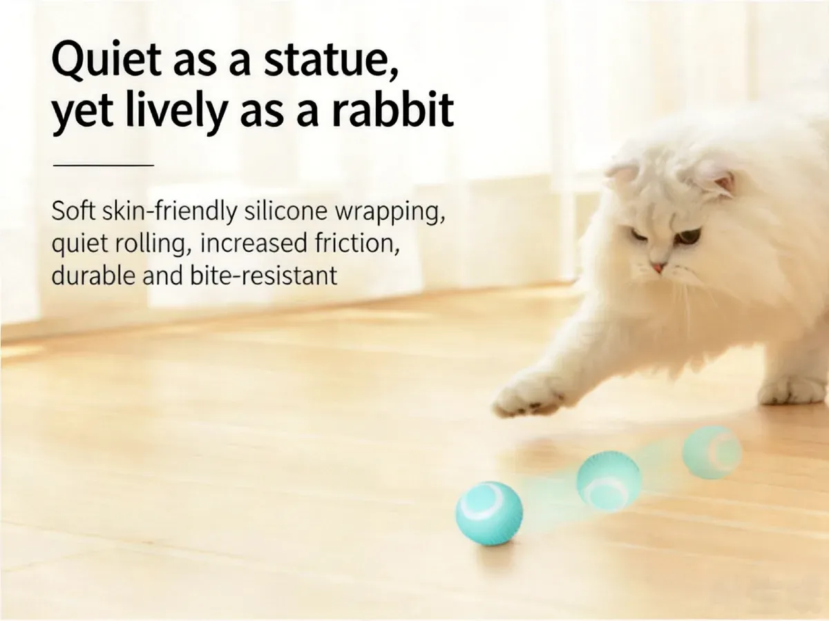 Cat playing with mint rolling balls, quiet on floors