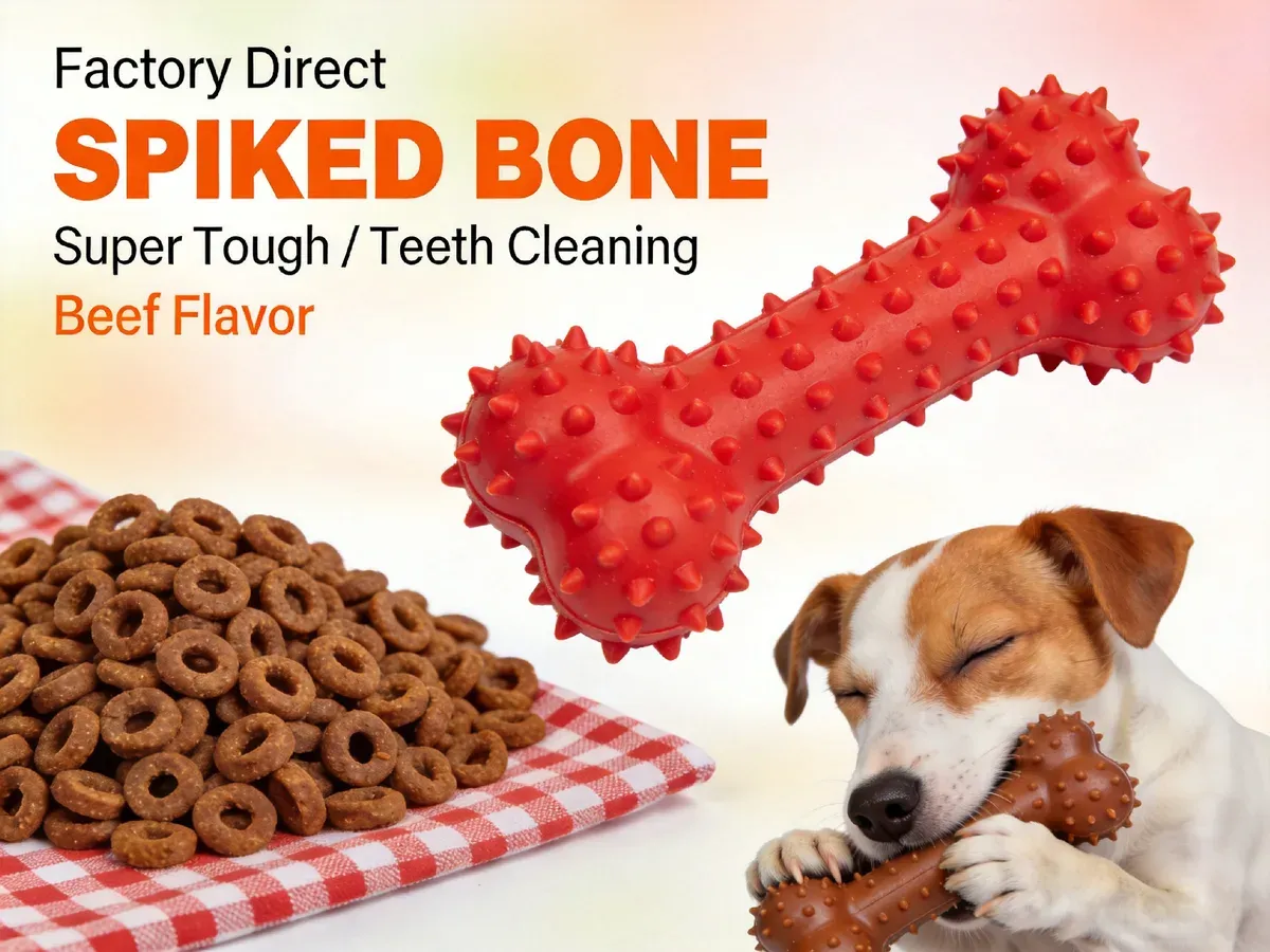 Red spiked bone chew toy with beef flavor and kibble