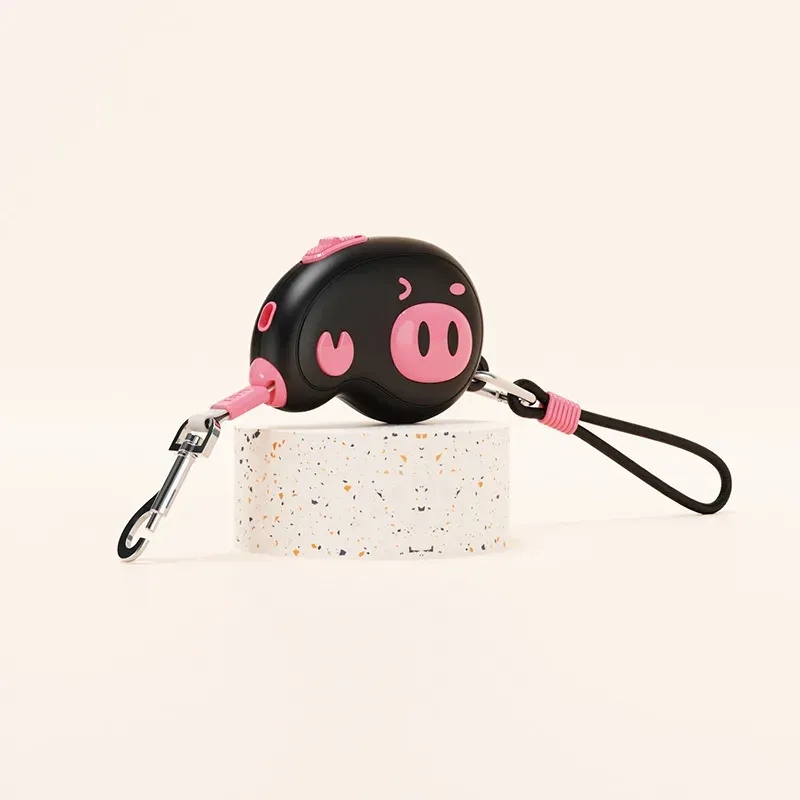 Cute pig-face retractable dog leash - black