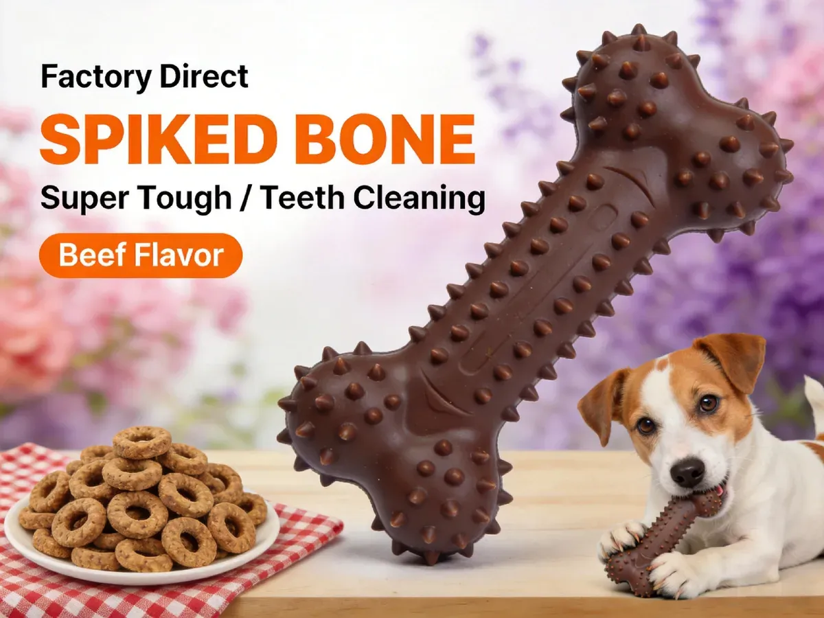 Brown spiked bone chew toy beef flavor with dog