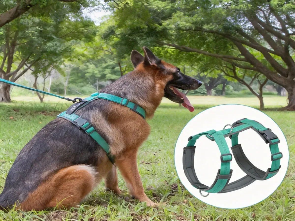 German shepherd wearing a teal padded anti-pull dog harness, with a flat view of the harness
