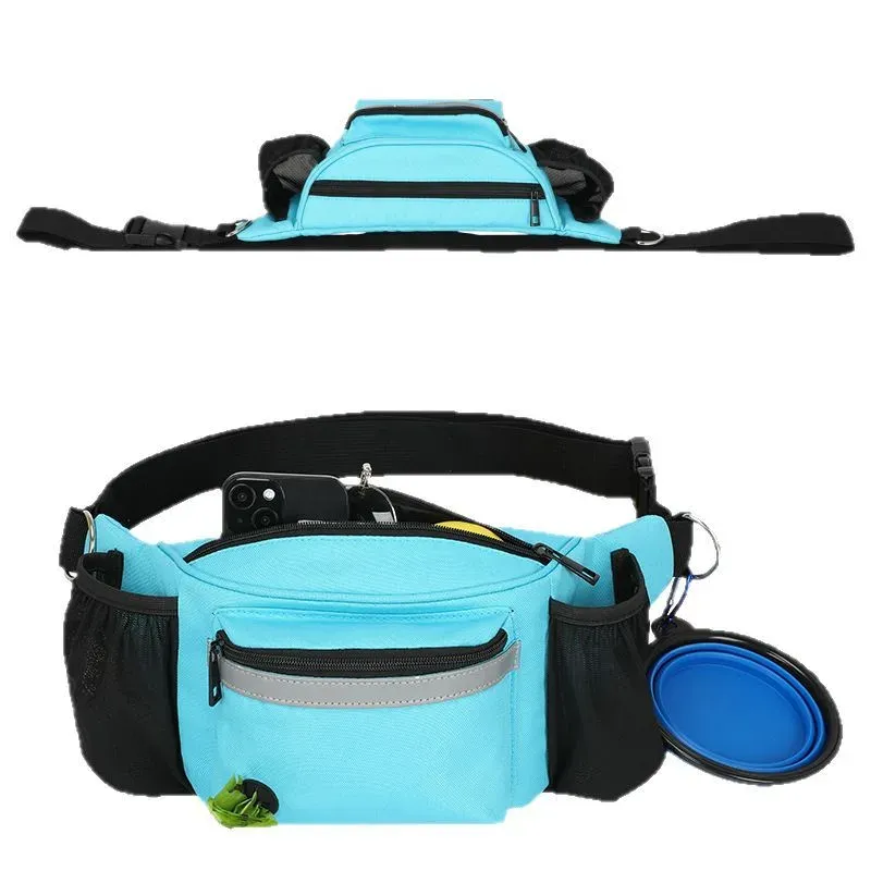 Blue dog walking waist bag shown with its folded travel bowl on the side pocket