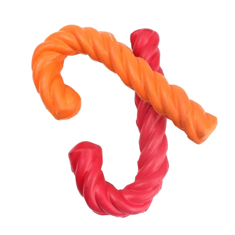 Orange and red-pink twisted candy cane shaped dog toys