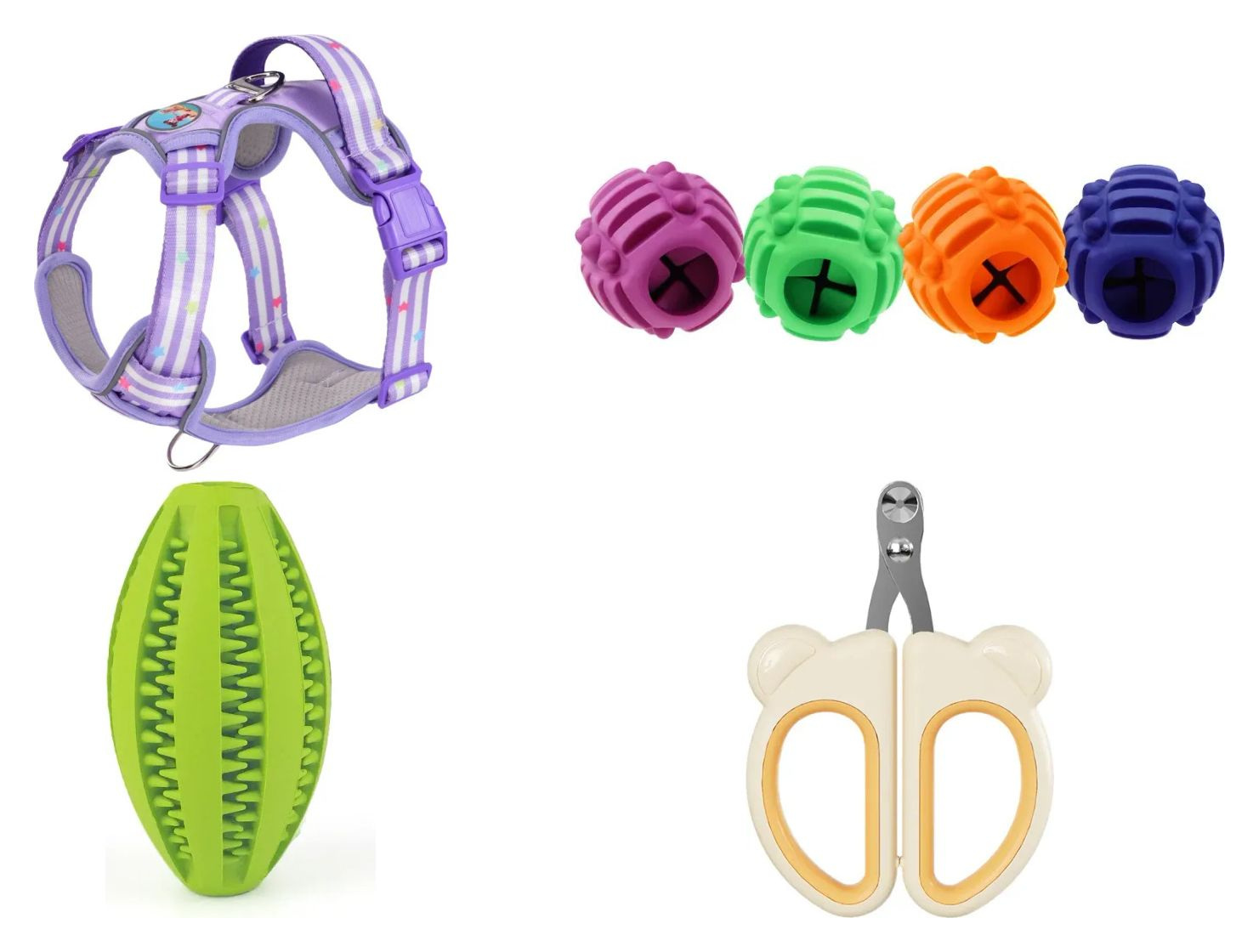 Four pet products showing materials: harness, toys, grooming and travel gear