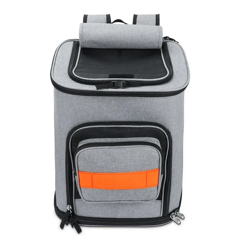 Grey pet backpack carrier seen from the front with a roll-top mesh opening and an orange band on the pocket