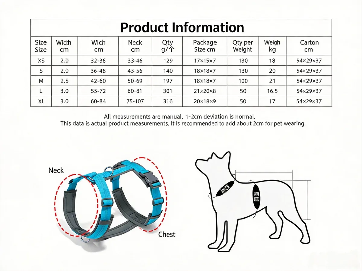 Size chart and fitting guide for the padded anti-pull dog harness