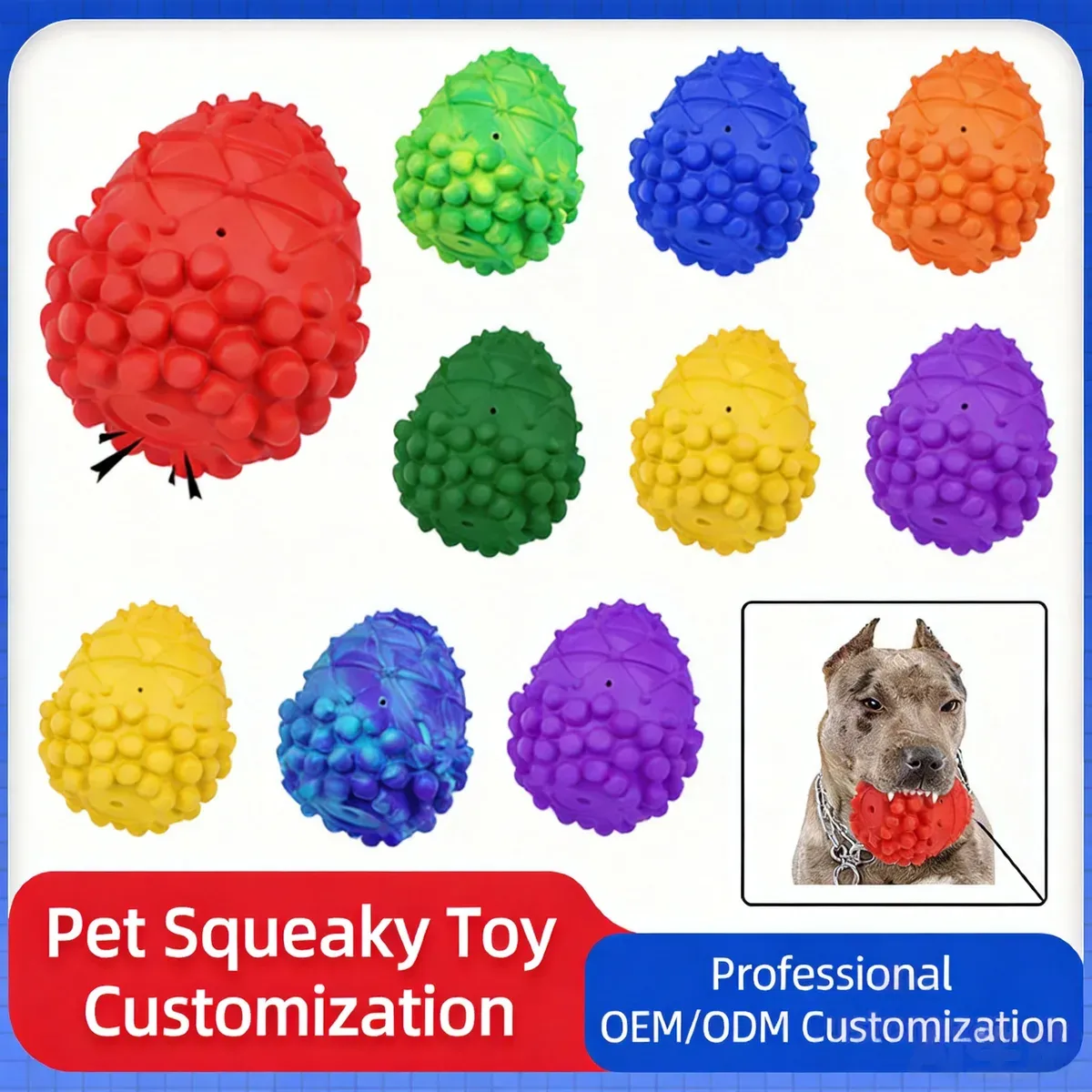 Pinecone-shaped squeaky dog toys in a range of colours, shown with a dog