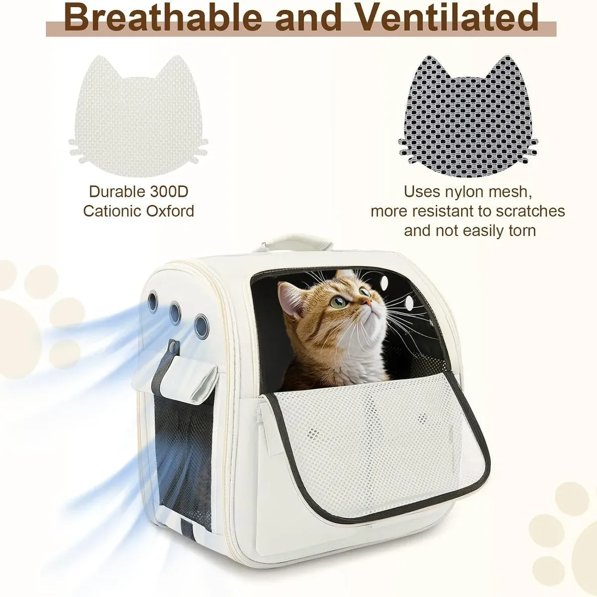 Diagram of the cream cat backpack showing its breathable mesh ventilation with a cat inside