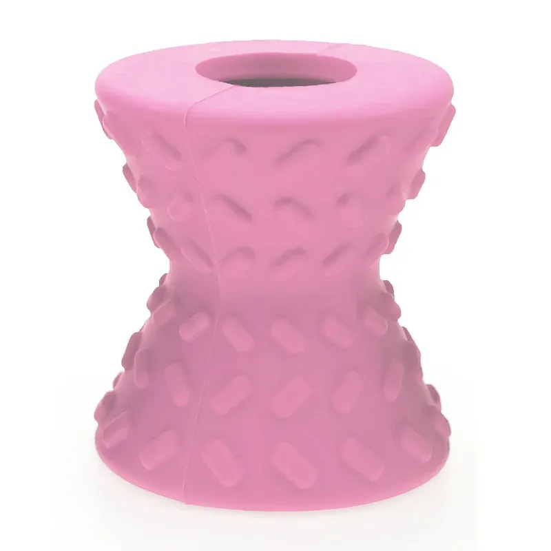 Pink dumbbell-shaped rubber treat dispenser dog toy