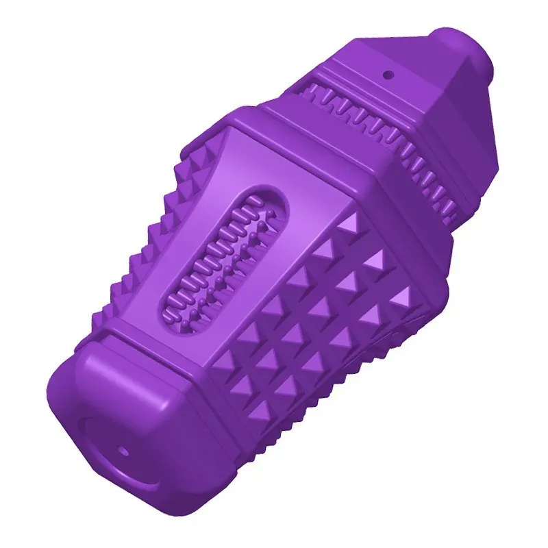 Purple grenade-shaped squeaky dog toy with a ribbed collar and studded body