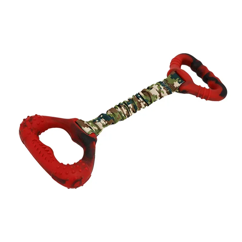 Camo-patterned dog pull ring toy with two red rubber handles joined by a strap