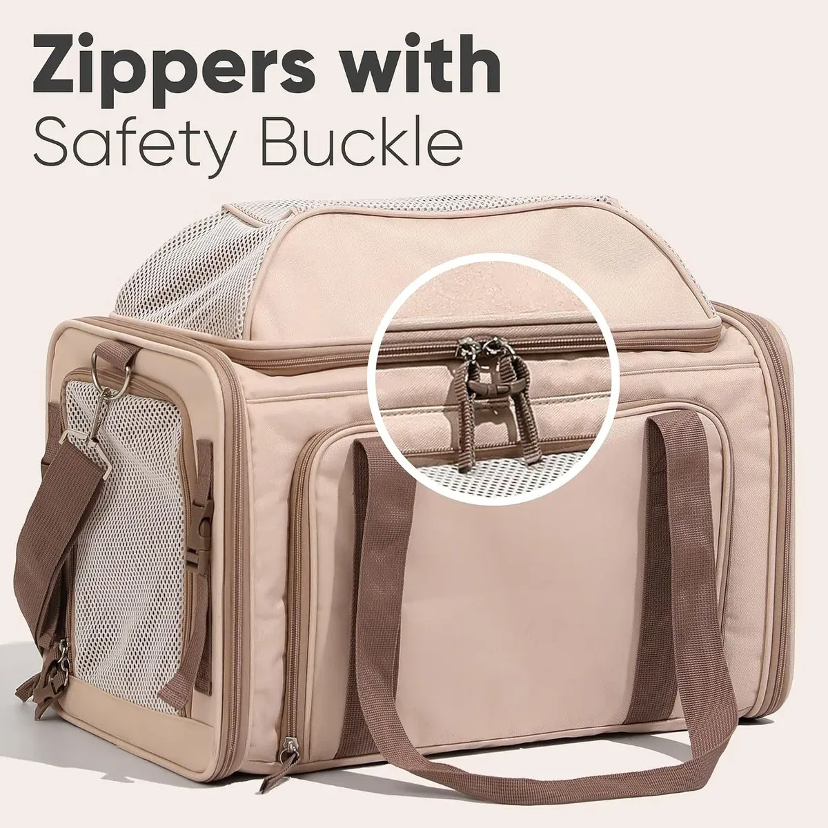 Beige pet carrier bag showing its zips with a safety buckle