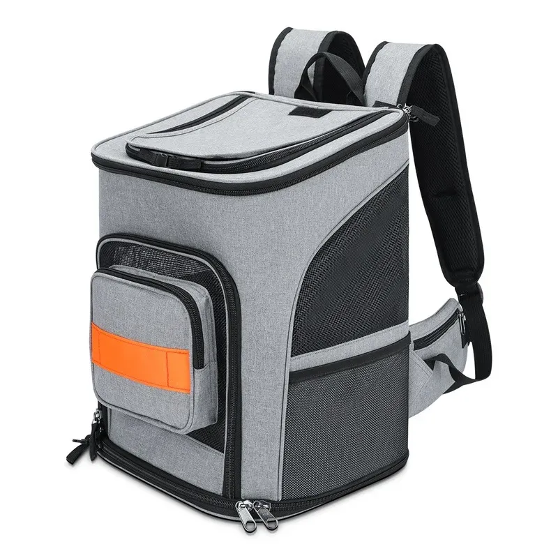 Grey pet backpack carrier shown at an angle with a mesh side window