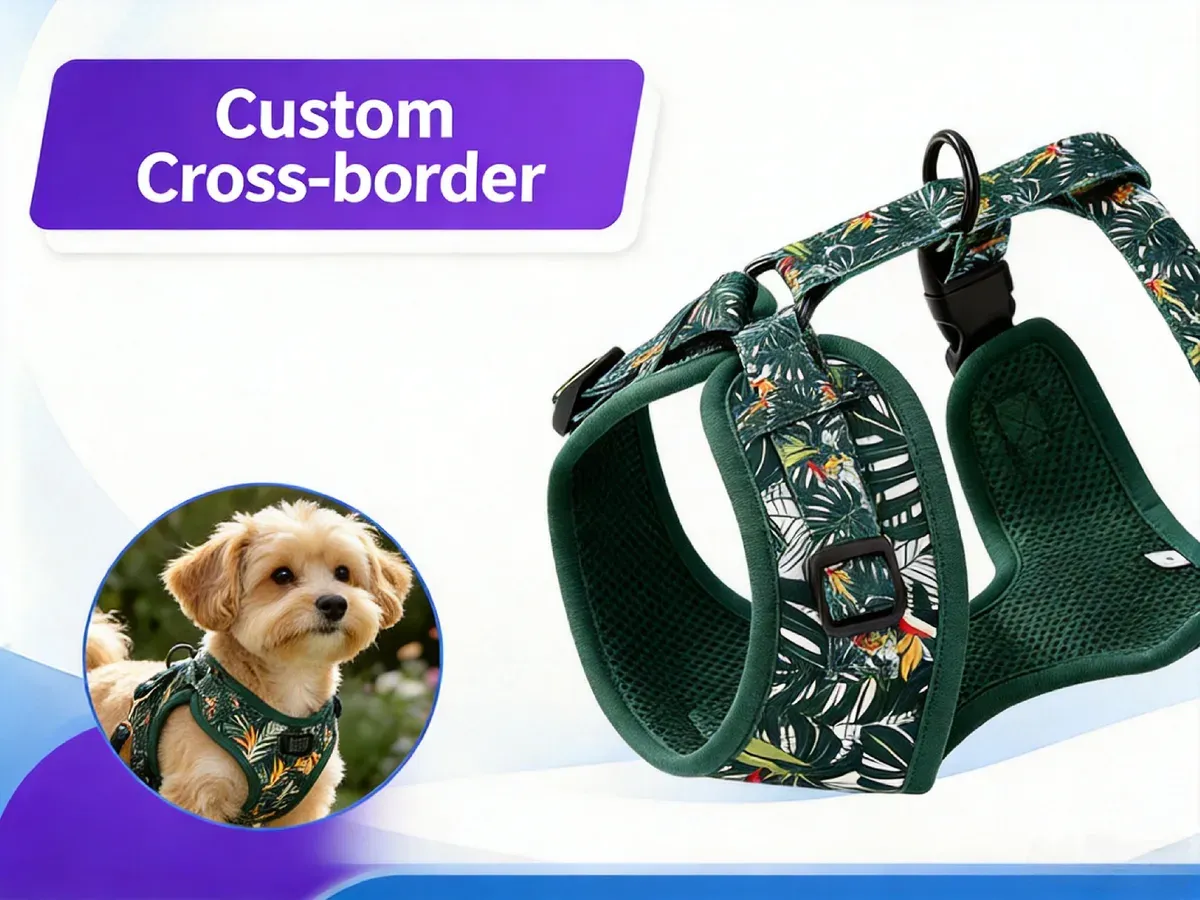 Green tropical-print dog harness shown on a puppy and as a flat product view