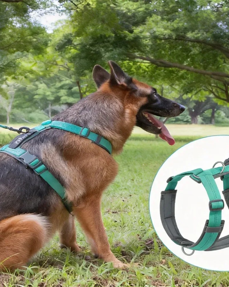 Dog wearing a green harness outdoors on a walk