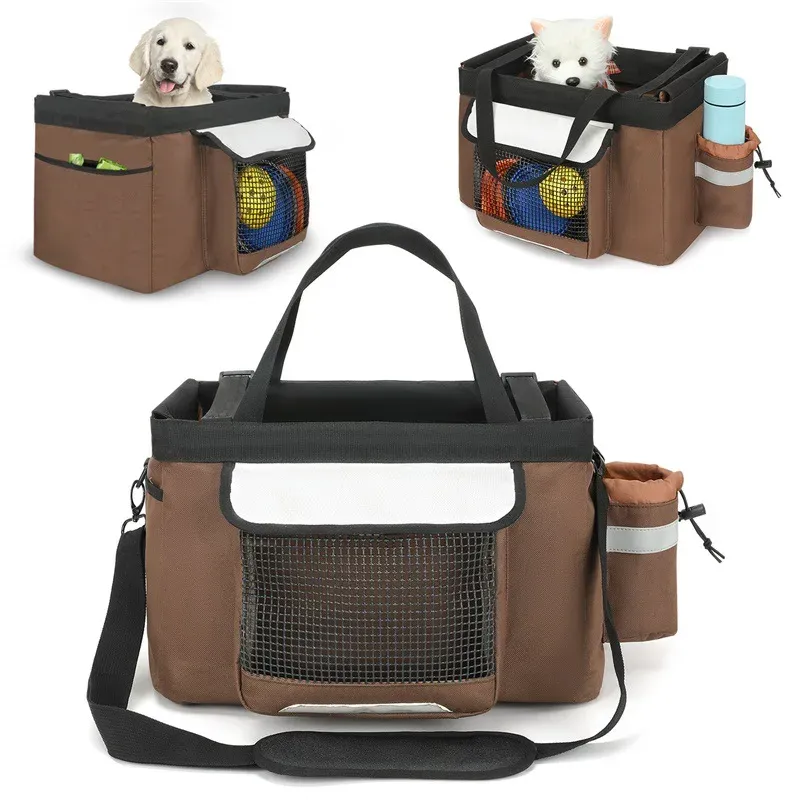 Brown pet bicycle basket shown with a cream puppy and a small white dog, and as a hand and shoulder bag