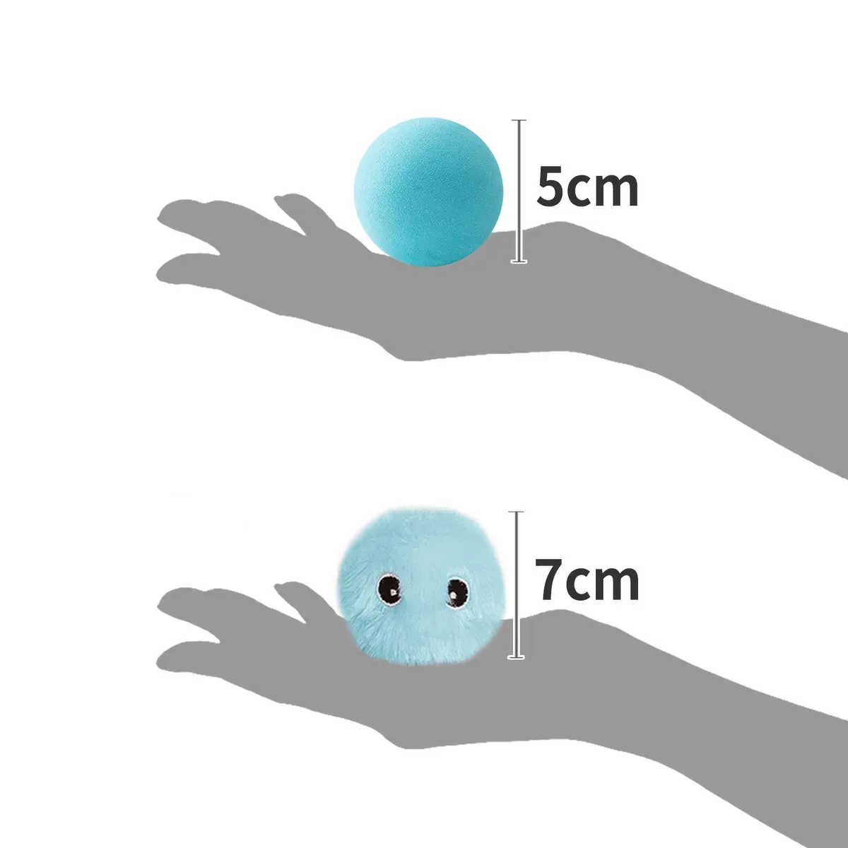 Blue plush cat toy ball shown beside a ruler for scale, in both smooth 5cm and fluffy 7cm versions