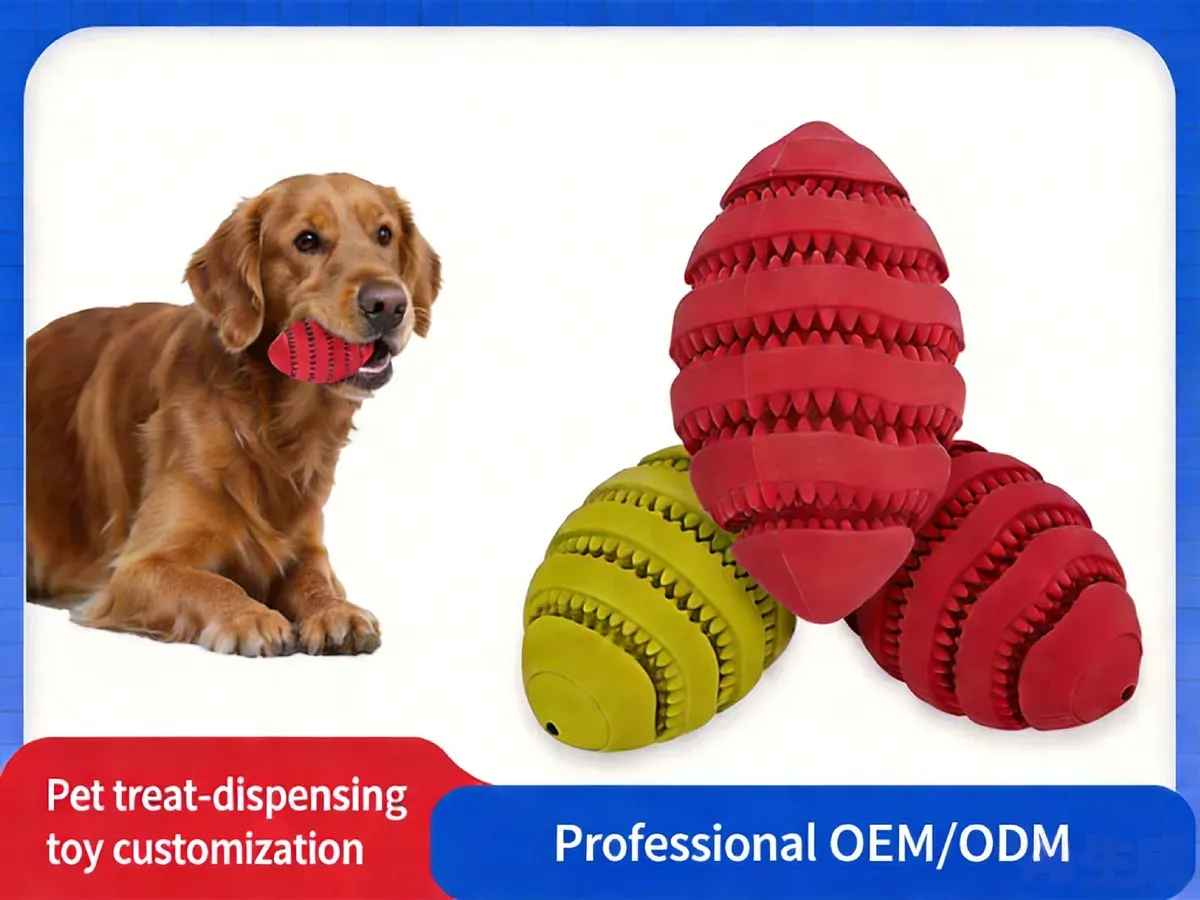 Red and green treat dispensing rugby balls with golden retriever