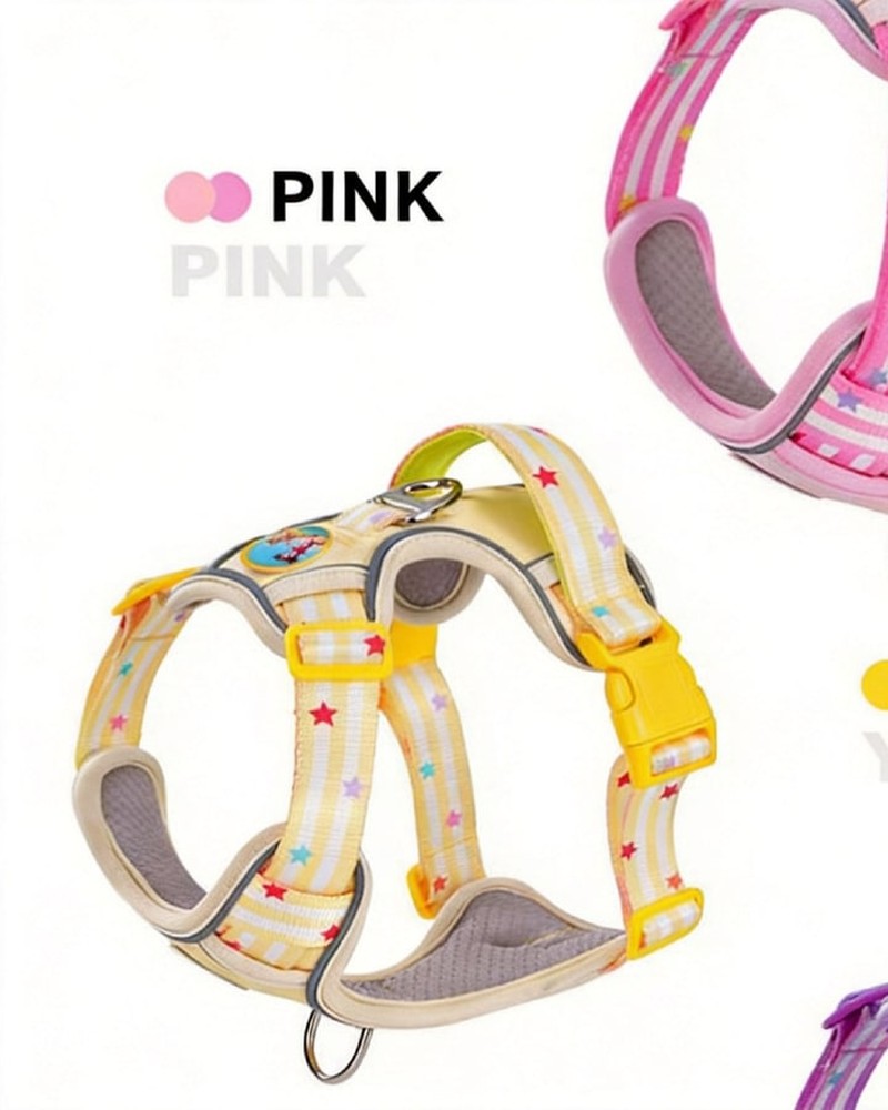 Pet harnesses in pink and yellow — colour options for wholesale