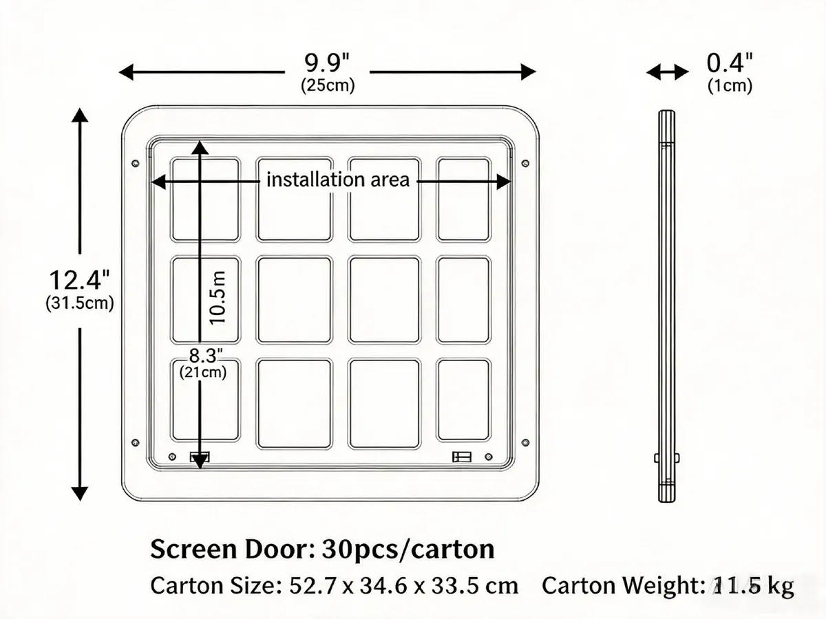 Dimension chart for the screen door cat door showing its installation area and panel
