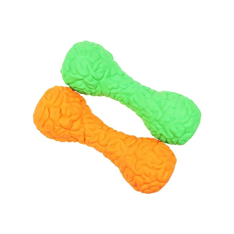 Green and orange rubber squeaky dumbbell chew toys