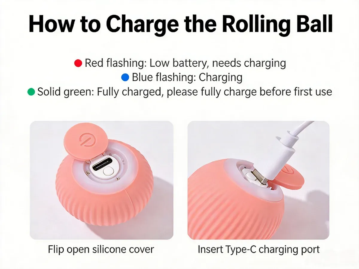Charging guide for the rolling ball showing the pink ball's flip-open silicone cover and Type-C port