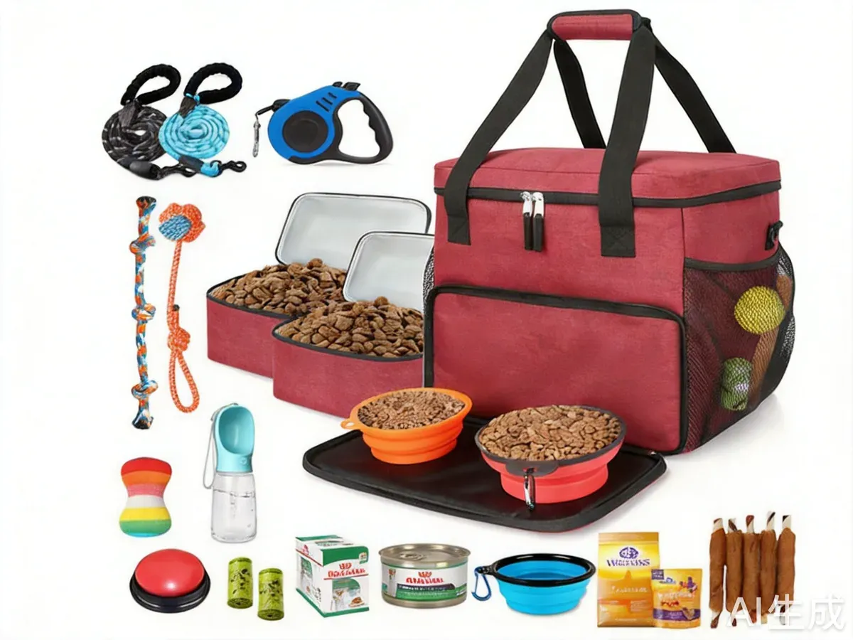 Red pet travel bag surrounded by feeding bowls, bottles and travel accessories