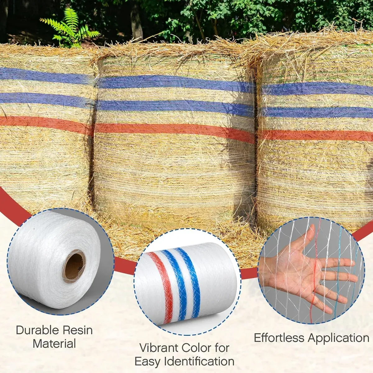 Net-wrapped bales with inset views of a net roll and opened mesh
