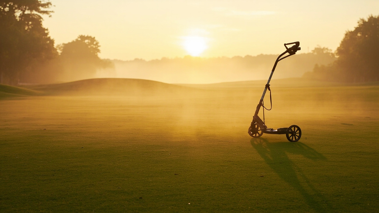 Unbranded electric golf trolley on a golf course fairway at sunrise for fleet planning