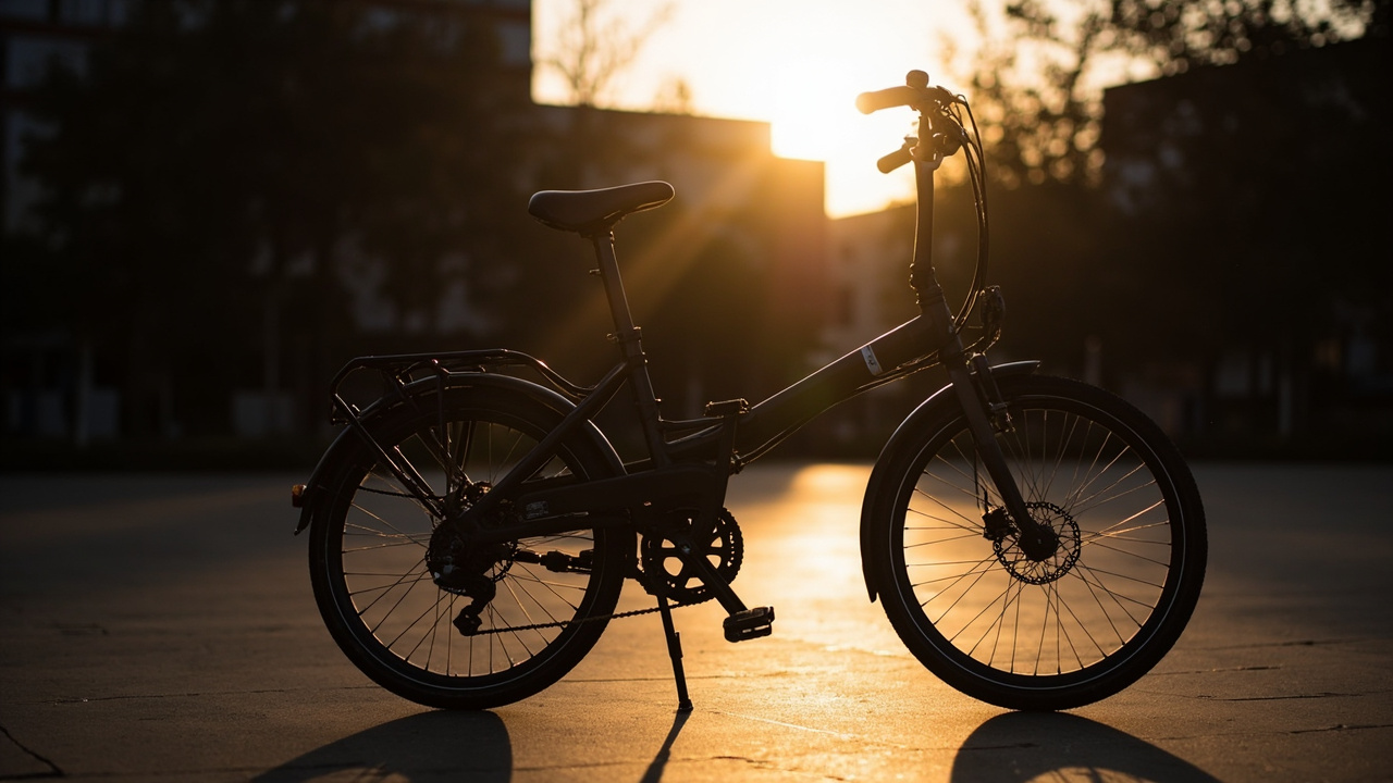 Unbranded folding commuter bicycle silhouetted on an empty city plaza at sunset