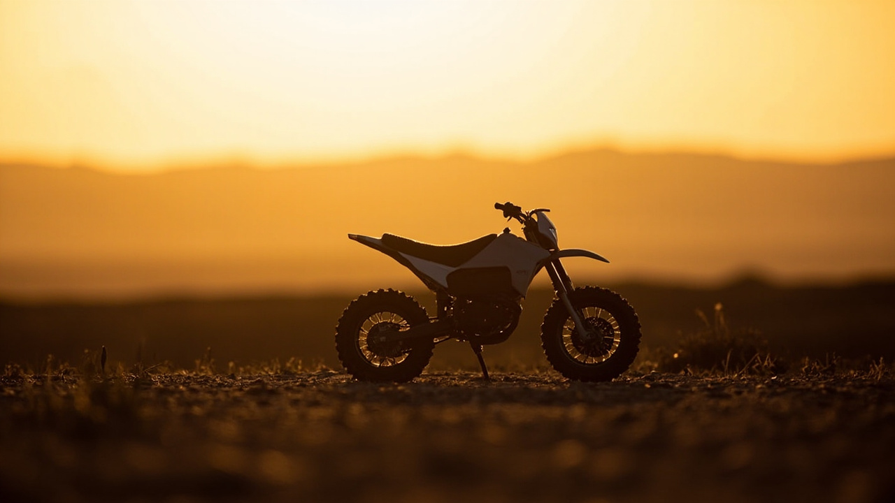 Small unbranded youth off-road electric motorcycle on a gravel trail at golden hour