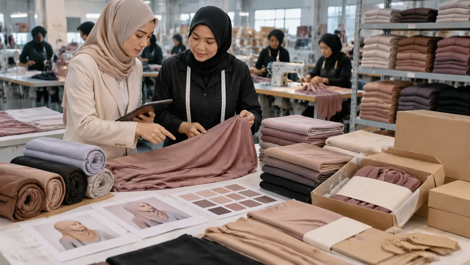 Hijab sample development and quality checking process with fabric inspection, color samples and private label production planning