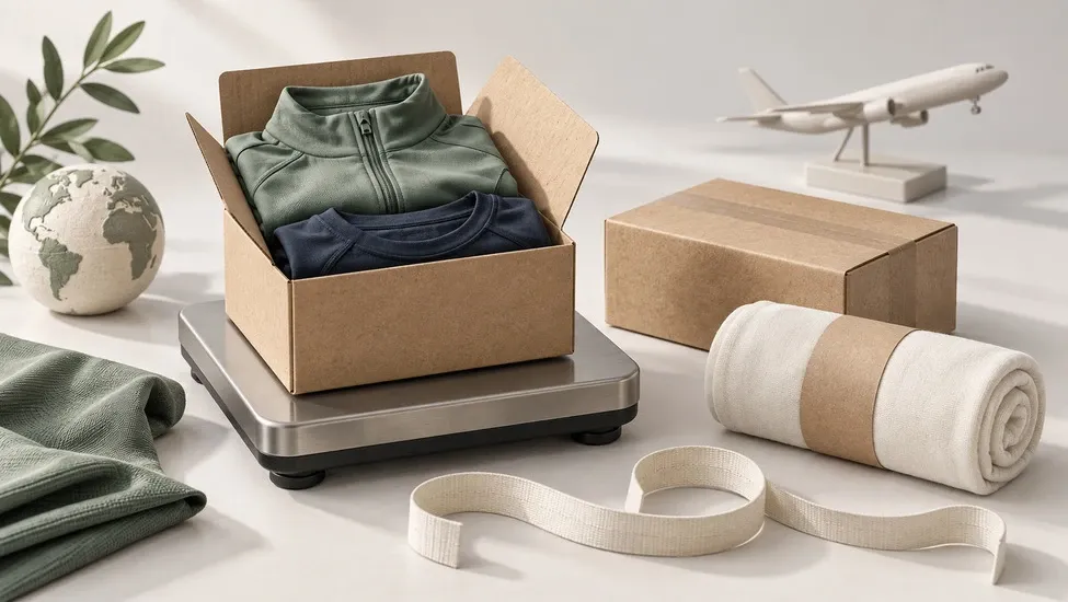 Small cartons of folded activewear prepared for international shipping.